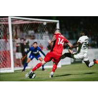 Phoenix Rising FC midfielder Aodhan Quinn eyes the net vs. Sacramento Republic FC