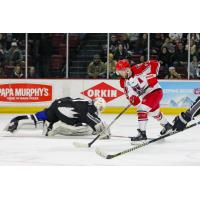 Chad Costello of the Allen Americans (right) scores against the Idaho Steelheads