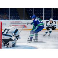 Winnipeg ICE goaltender Daniel Hauser makes a stop