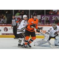 Lehigh Valley Phantoms' Elliot Desnoyers Versus Hershey Bears' Hunter Shephard And Bobby Nardella