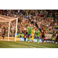 Seattle Sounders FC's Albert Rusnák and Raúl Ruidíaz on the field