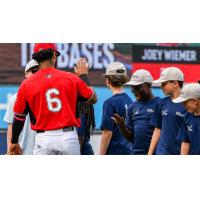 Hedbert Perez of the Carolina Mudcats gives high fives to young fans