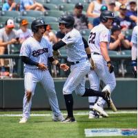 Ben Rice of the Somerset Patriots reacts with teammates