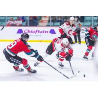 Kelowna Rockets' Michael Cicek battles Prince George Cougars' Terik Parascak