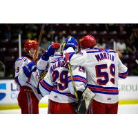 Kitchener Rangers celebrate with goaltender Tristan Malboeuf