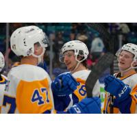 Saskatoon Blades' Lukas Hansen celebrates win