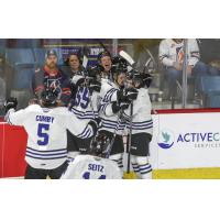 Wenatchee Wild's Easton Armstrong celebrates win with team