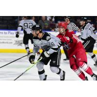 Idaho Steelheads' Wade Murphy and Allen Americans' Colby McAuley in action