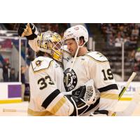 Wheeling Nailers' Taylor Gauthier and Félix Paré celebrate win