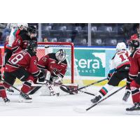 Red Deer Rebels goaltender Rhett Stoesser makes a stop