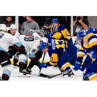 Portland Winterhawks' Hudson Darby battles Saskatoon Blades' Misha Volotovskii