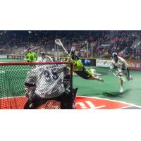 Saskatchewan Rush launch a shot against the Calgary Roughnecks