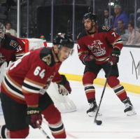 Tucson Roadrunners defensemen Patrik Koch (left) and Montana Onyebuchi