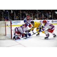 Kitchener Rangers goaltender Tristan Malboeuf makes a stop against the Sarnia Sting