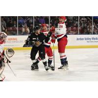 Utah Grizzlies' Cole Gallant and Allen Americans' Andrew Jarvis and Spencer Asuchak on game night