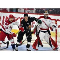 Allen Americans defenseman Eric Williams and goaltender Leevi Merilainen vs. the Utah Grizzlies