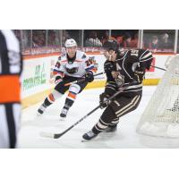 Lehigh Valley Phantoms forward Alexis Gendron (left) vs. the Hershey Bears