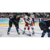 Grand Rapids Griffins left wing Cross Hanas (right) faces off with the Cleveland Monsters