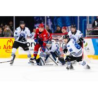 Wenatchee Wild's Dawson Seitz, Daniel Hauser, Kenta Isogai, and Evan Friesen and Spokane Chiefs' Ty Cheveldayoff on game night