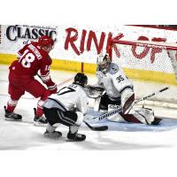 Allen Americans' Easton Brodzinski versus Idaho Steelheads' Patrick Kudla and David Tendeck