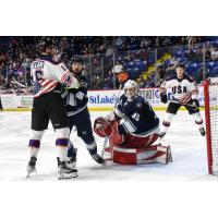 Reading Royals' Shane Sellar and Worcester Railers' Connor Welsh and Kaden Fulcher on game night