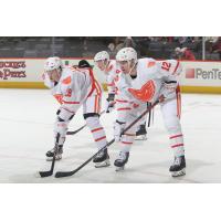 Lehigh Valley Phantoms' Olle Lycksell, Tanner Laczynski, and Ronnie Attard on the ice