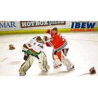 Fort Wayne Komets' Brett Brochu battles Indy Fuel's Zach Driscoll