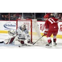 Allen Americans right wing Gavin Gould takes a shot against the Idaho Steelheads