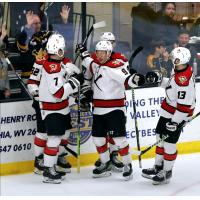 Wheeling Nailers' Davis Bunz, Tanner Laderoute, and Matthew Quercia on game night