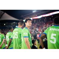 Jackson Ragen, Josh Atencio and Nouhou (l to r) of Sounders FC