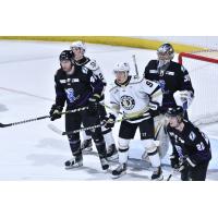 Wheeling Nailers' Tanner Laderoute and Jarrett Lee and Orlando Solar Bears' Jake Stevens, Colten Ellis, and Avery Winslow on game night