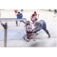 Allen Americans goaltender Leevi Merilainen turns aside a Wichita Thunder scoring attempt