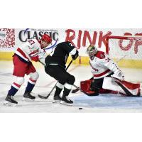 Allen Americans defenseman Justin Allen and goaltender Leevi Merilainen vs. the Utah Grizzlies