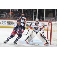 Hartford Wolf Pack's Alex Belzile and Lehigh Valley Phantoms' Felix Sandstrom in action