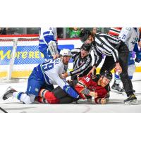 Abbotsford Canucks' Nick Cicek and Tucson Roadrunners' Hunter Drew on the ice