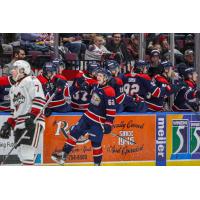 Saginaw Spirit's Owen Beck congratulated by team