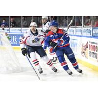 Springfield Thunderbirds defenseman Calle Rosen (left) vs. the Rochester Americans