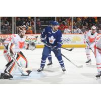 Lehigh Valley Phantoms' Parker Gahagen and Toronto Marlies' Kieffer Bellows on game night