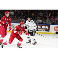 Allen Americans defenseman Kris Myllari (left) and forward Hank Crone vs. the Idaho Steelheads