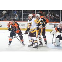 Lehigh Valley Phantoms' Victor Mete and Wilkes-Barre/Scranton Penguins' Vinny Hinostroza on game night