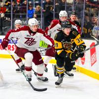 Peterborough Petes defenseman Martin Matejicek (left) vs. the Brantford Bulldogs