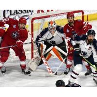 Allen Americans forwards Mikael Robidoux and Bennett MacArthur