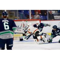 Vancouver Giants right wing Cameron Schmidt with a diving shot attempt vs. the Seattle Thunderbirds