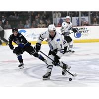 Victoria Royals' Cole Reschny and Wenatchee Wilds' Brayden Pankey in action