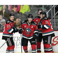 Kelowna Rockets' Ethan Mittelsteadt, Tij Iginla and Jaxon Kehrig on game night