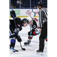 Tij Iginla of the Kelowna Rockets (right) faces off with the Victoria Royals