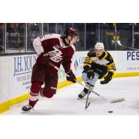 Peterborough Petes defenceman Grayden  Strohack (left) vs. the Brantford Bulldogs