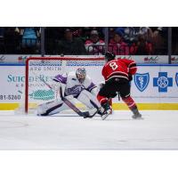 Saginaw Spirit goaltender Kaleb Papineau awaits a shot