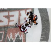 Rapid City Rush's Garrett Klotz battles Kansas City Mavericks' Daniel Amesbury