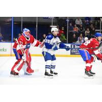 Laval Rocket's Jakub Dobes and Syracuse Crunch's Dylan Duke on game night